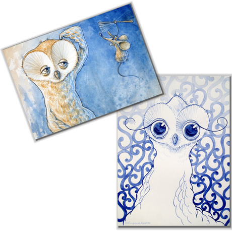 character owls aquarell on paper